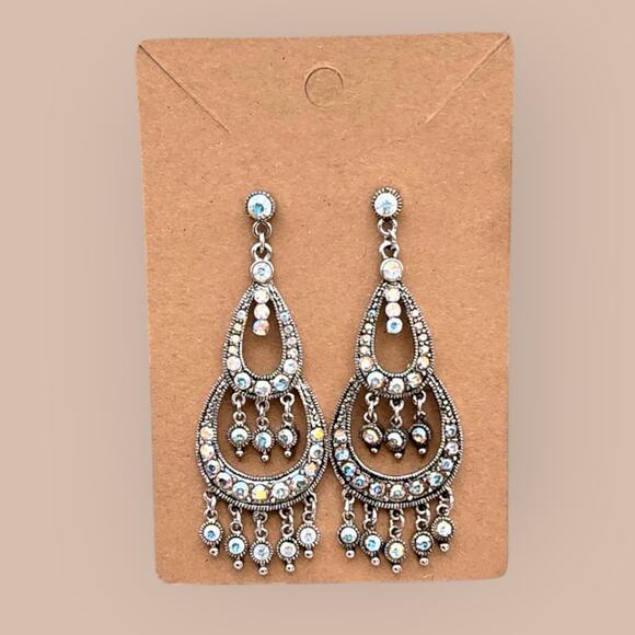 Iridescent Rhinestone Chandelier Earrings – Silver Drop Dangle - Picture 2 of 7